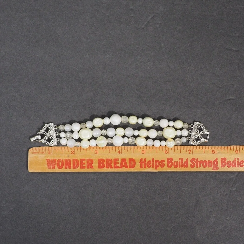 Vintage Coro Triple Strand Faux Baroque Pearl Bead Bracelet Silver Tone MCM